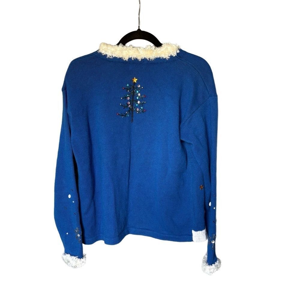 Berek Womens M Blue Ugly Christmas Cardigan Stacked Reindeer Pom Pom - Picture 2 of 6
